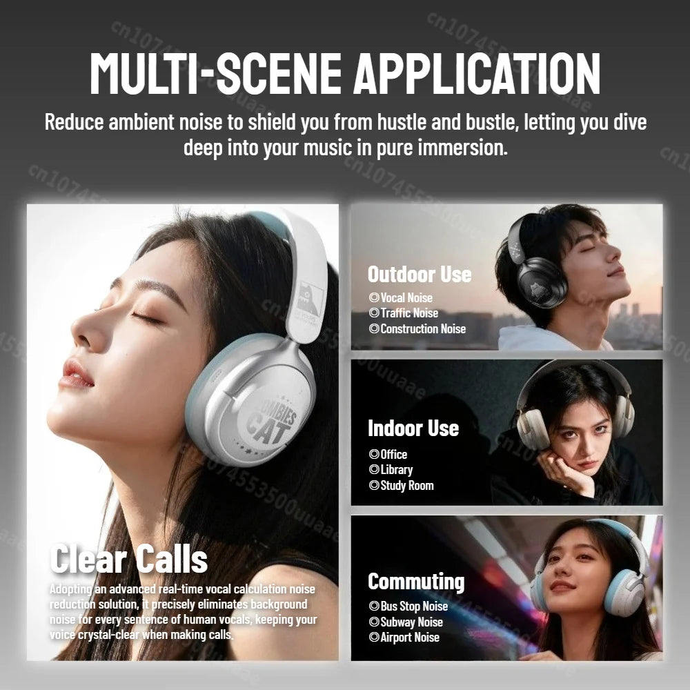 Zombies Cat S10 ANC auriculares Bluetooth 6,0-auriculares con cancelación activa de ruido de 45dB estéreo HiFi cable supraaural/auriculares inalámbricos