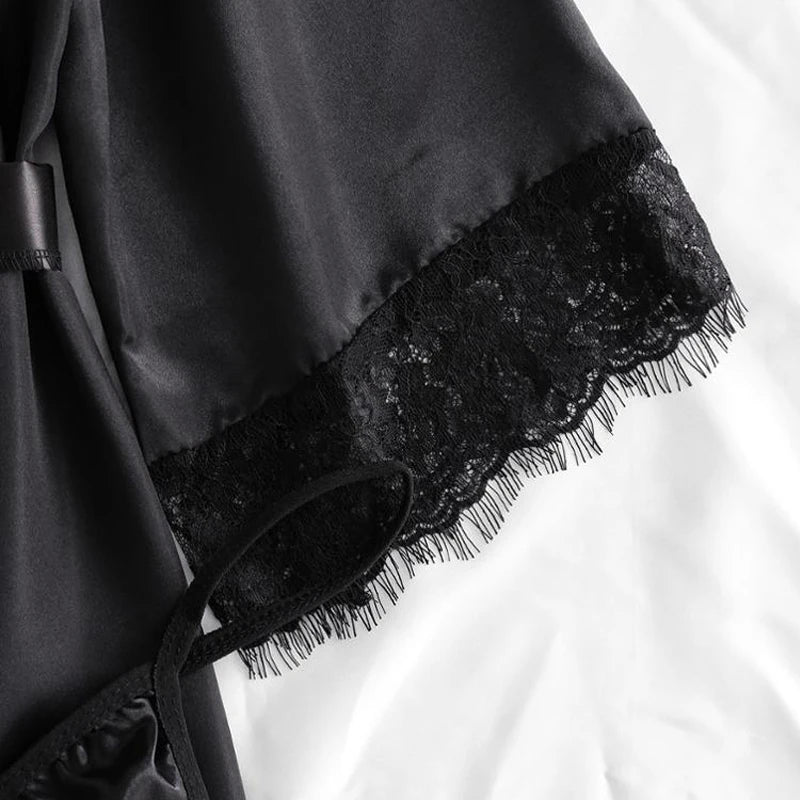 Pijama negro Sexy para mujer, Tops con tirantes de seda y encaje de 4 piezas, pantalones cortos, bata, conjunto de pijama, camisón, ropa interior, traje