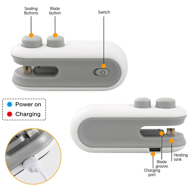 Mini sellador de bolsas de plástico de mano con batería integrada, máquina selladora de calor portátil para bolsas de alimentos, máquina de apertura, utensilios de cocina