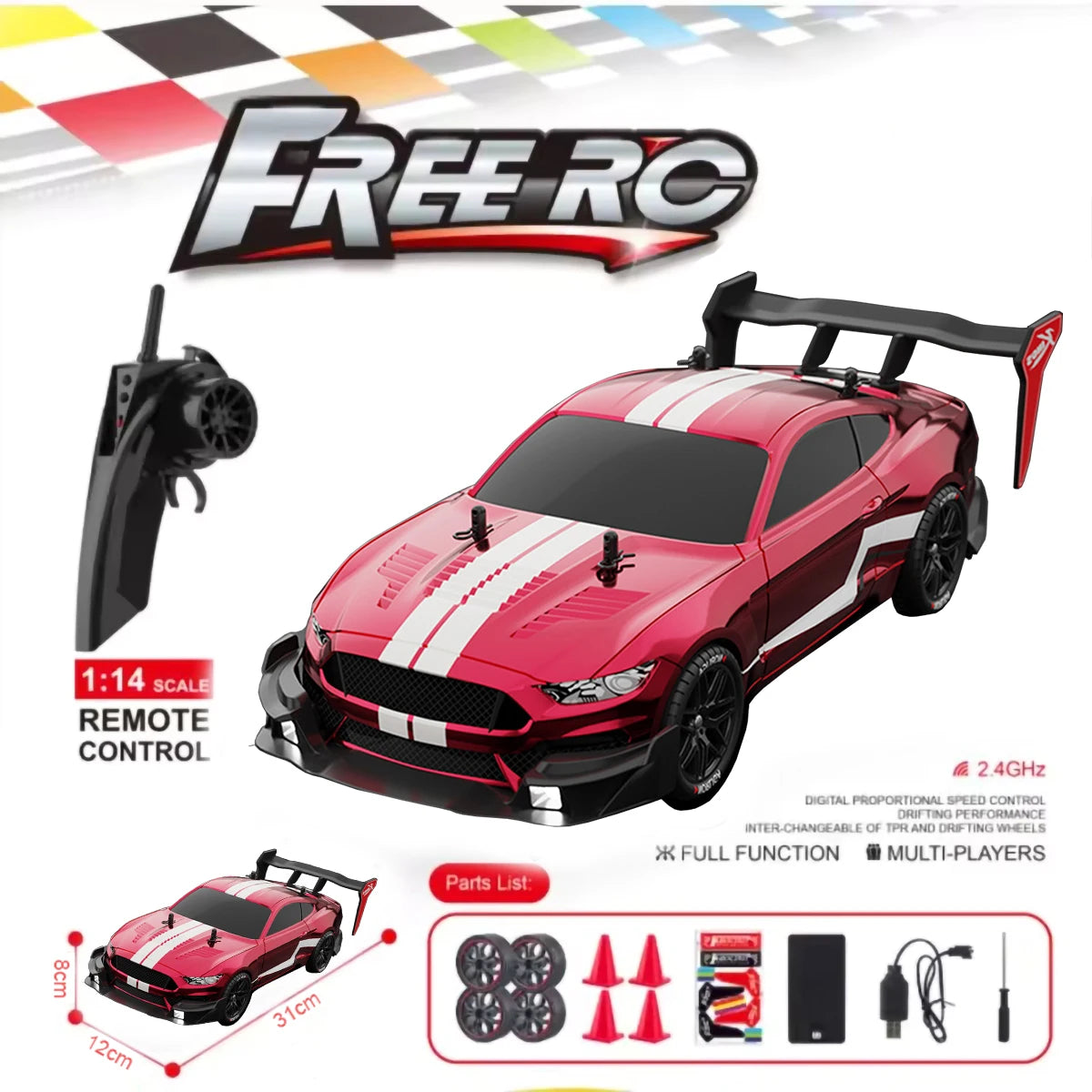 Auto RC Drift Mustang 2.4GHz 4WD Escala 1:14 Alta Velocidad