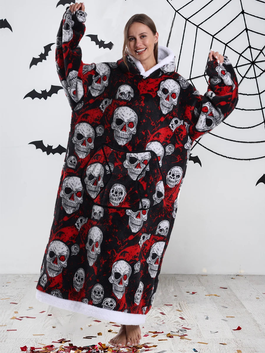 Sudaderas con capucha para mujer, Top de manga larga esponjoso y cálido en negro y gris, sudadera con capucha de fantasma y calavera de calabaza para Halloween, manta de gran tamaño para adultos, ropa de invierno