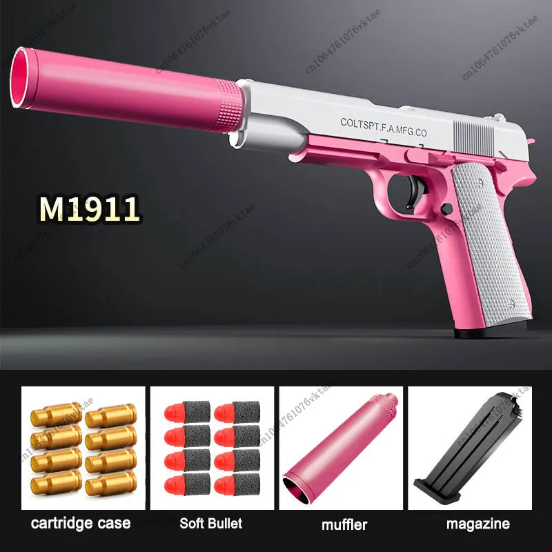 Pistola de juguete M1911 con balas de espuma, expulsión de casquillos, lanzador de dardos de espuma, arma de airsoft manual con silenciador para niños y adultos