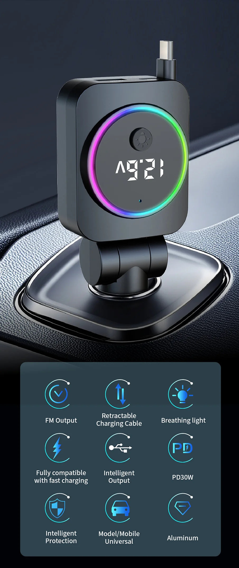 Cargador de Auto Retráctil 60W con Cable Tipo C PD30W y QC3.0 USB