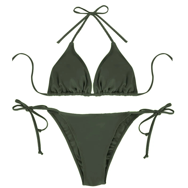 Conjunto de bikini sexy de 2 piezas para mujer, de color liso, sin tirantes, con espalda descubierta, tanga, traje de baño de verano, con detalles laterales de vendaje.