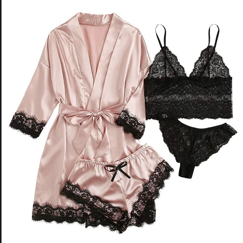Conjunto de Pijama Sexy para Mujer 4 Piezas con Encaje