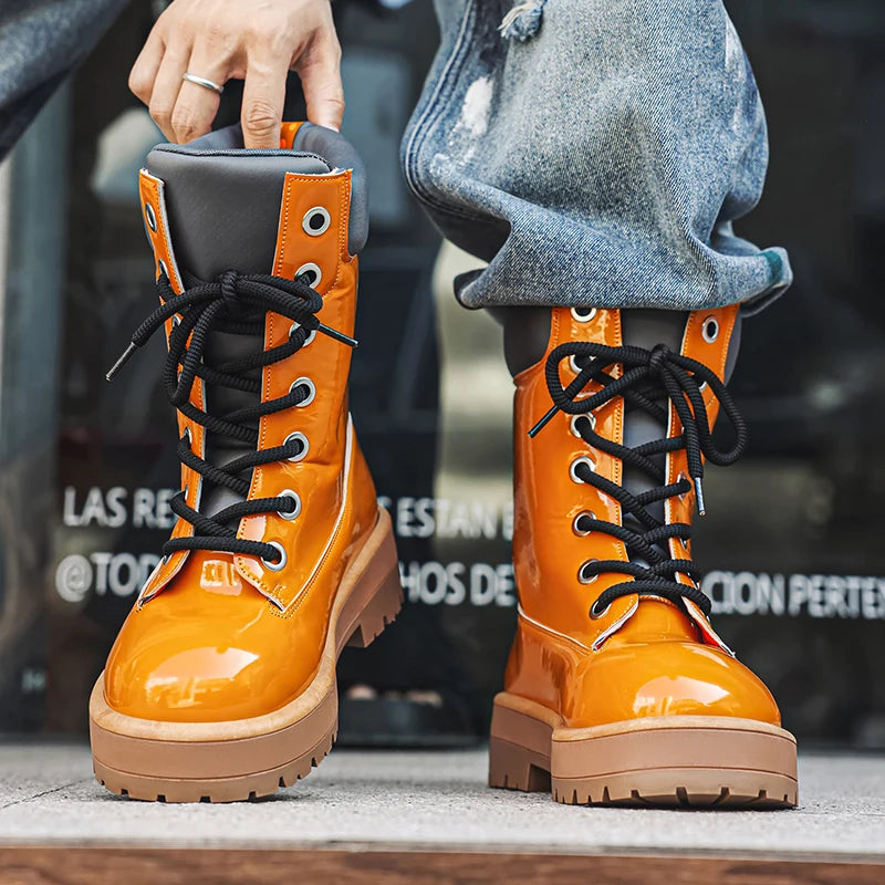Botines de charol para hombre con cordones y suela gruesa antideslizante