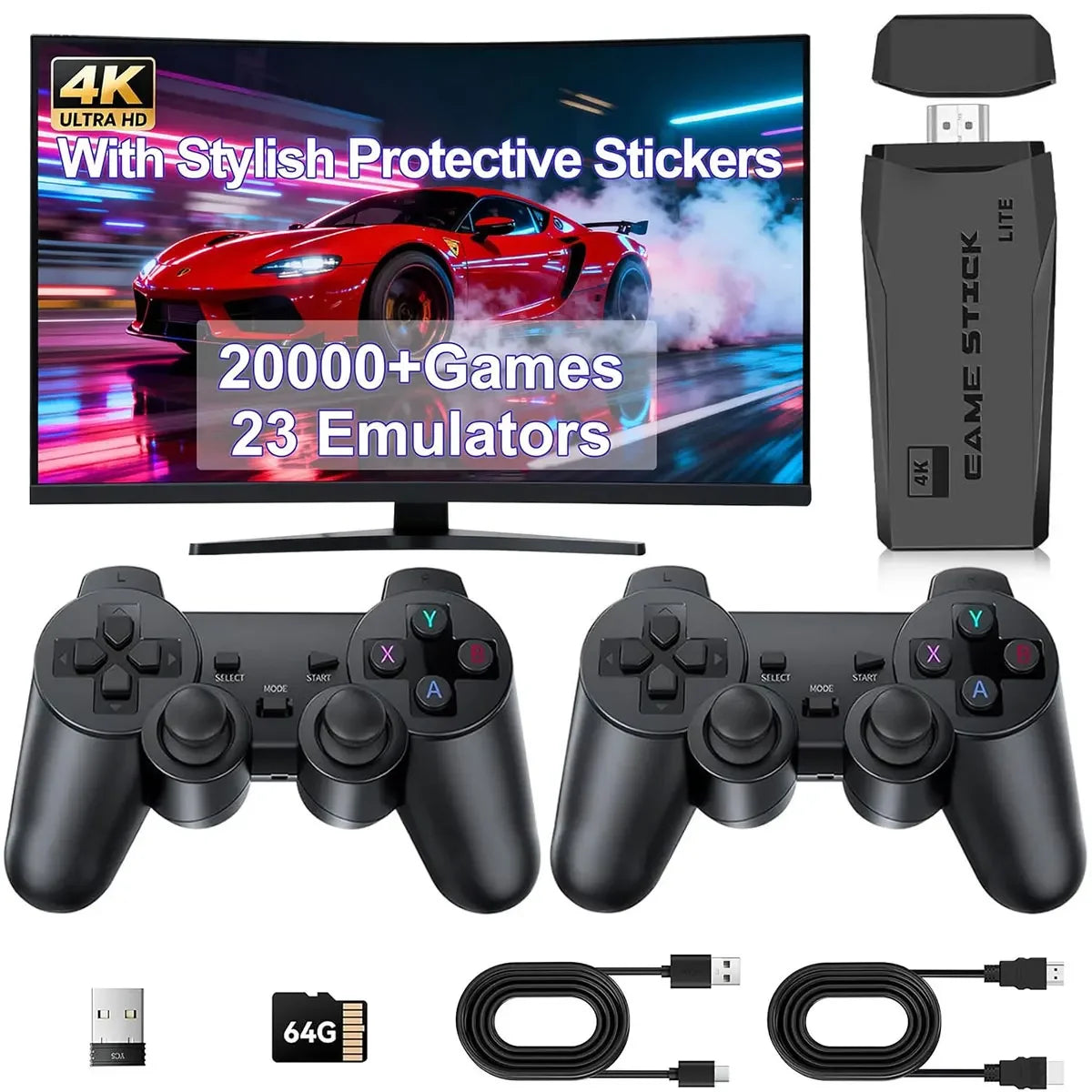Consola de Juegos M8 con Más de 20000 Juegos, Emuladores, Salida HDMI 4K, Sistema de Juegos Retro con Dos Controles Inalámbricos de 2.4G para TV/Proyector