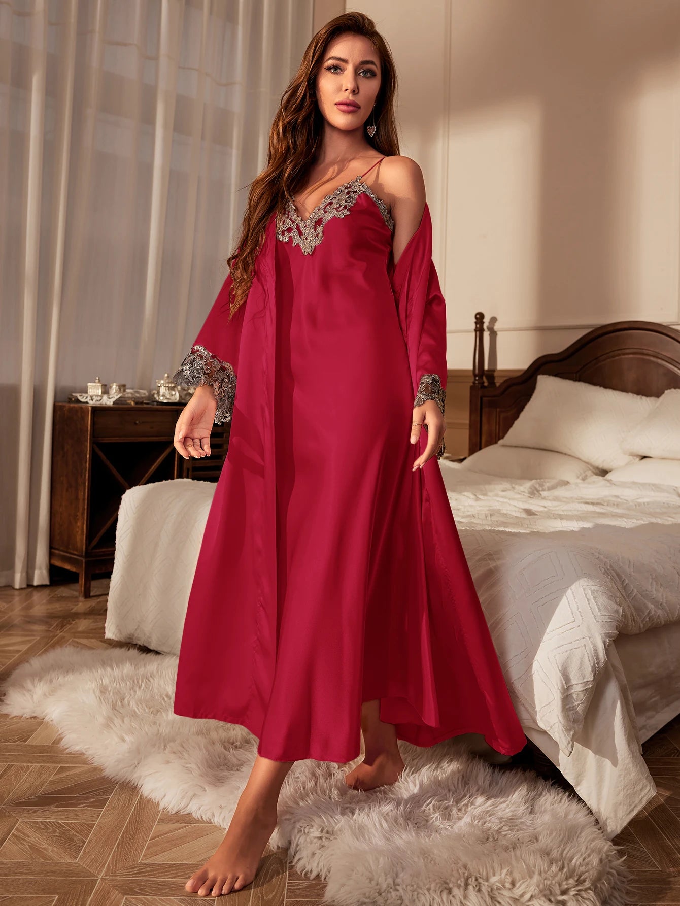 Conjunto de pijama de encaje en contraste, bata de manga larga con cinturón, vestido deslizante con cuello en V, ropa de dormir para mujer, ropa de descanso