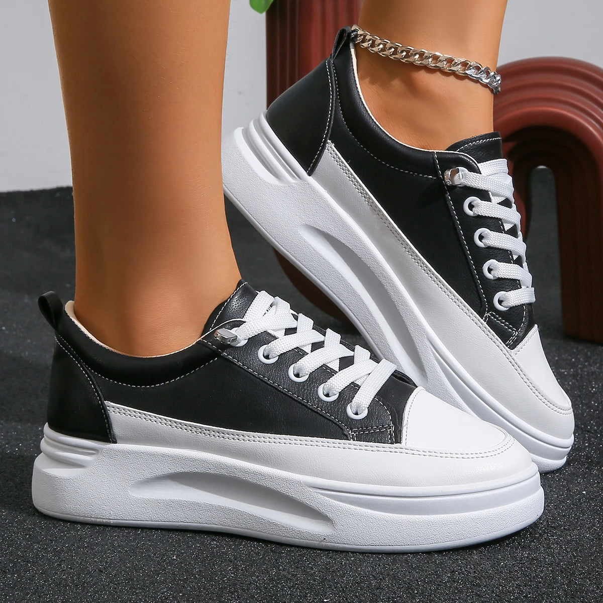 Zapatillas Casuales Mujer Suela Gruesa con Cordones Antideslizantes