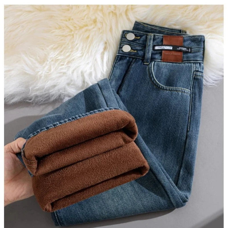 Pantalones Vaqueros de Pierna Ancha con Forro Polar para Mujer, Cintura Alta
