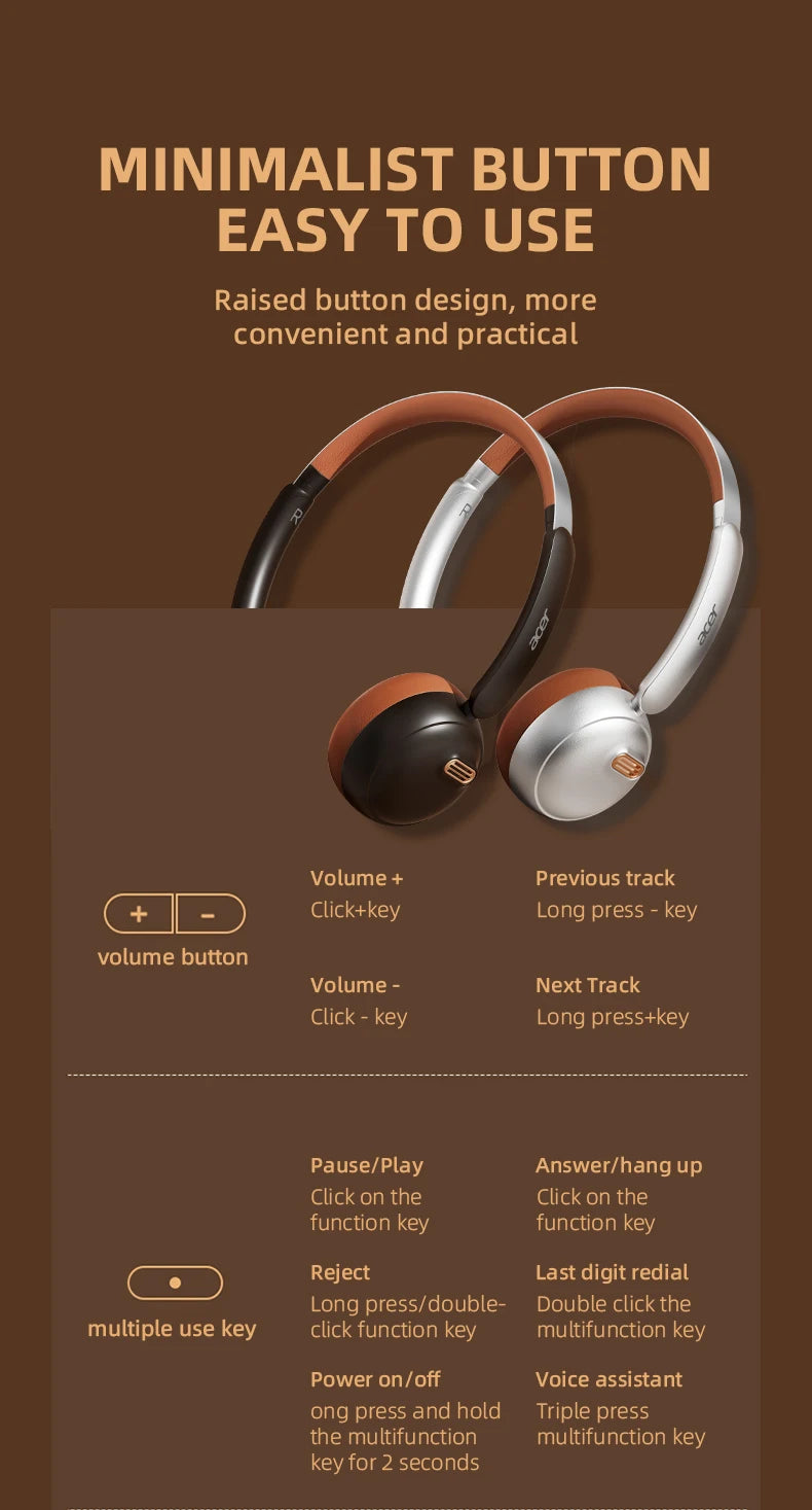 Auriculares Bluetooth Acer OHW111, Estilo Retro, Inalámbricos, Bluetooth 5.4, HIFI Estéreo, para Gamers, 70 Horas de Reproducción