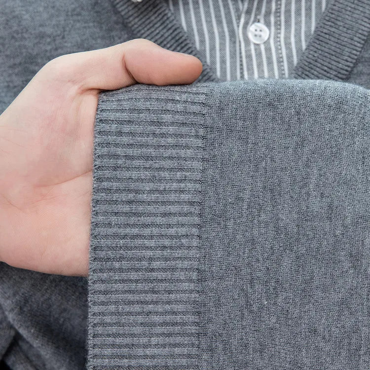 Suéter de punto con cuello de camisa para hombre, azul claro (6 colores), diseño falso de dos capas, estilo informal de negocios    Ajuste elástico y cómodo