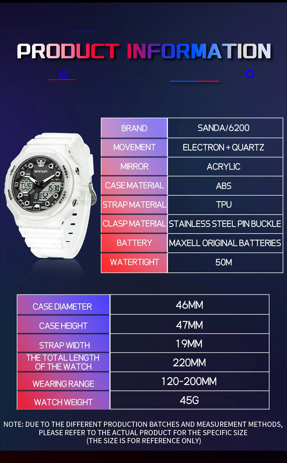 Reloj Digital SANDA 6200 para Hombre, Deportivo LED Impermeable 50M