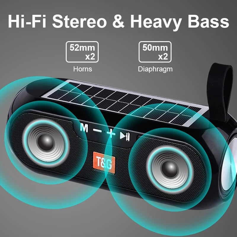 Radio Solar FM para exteriores, altavoz inalámbrico portátil con Bluetooth, caja de sonido de música, Subwoofer, bajo, Aux, PC, TV, ordenador, TV, estéreo Hifi, Mp3