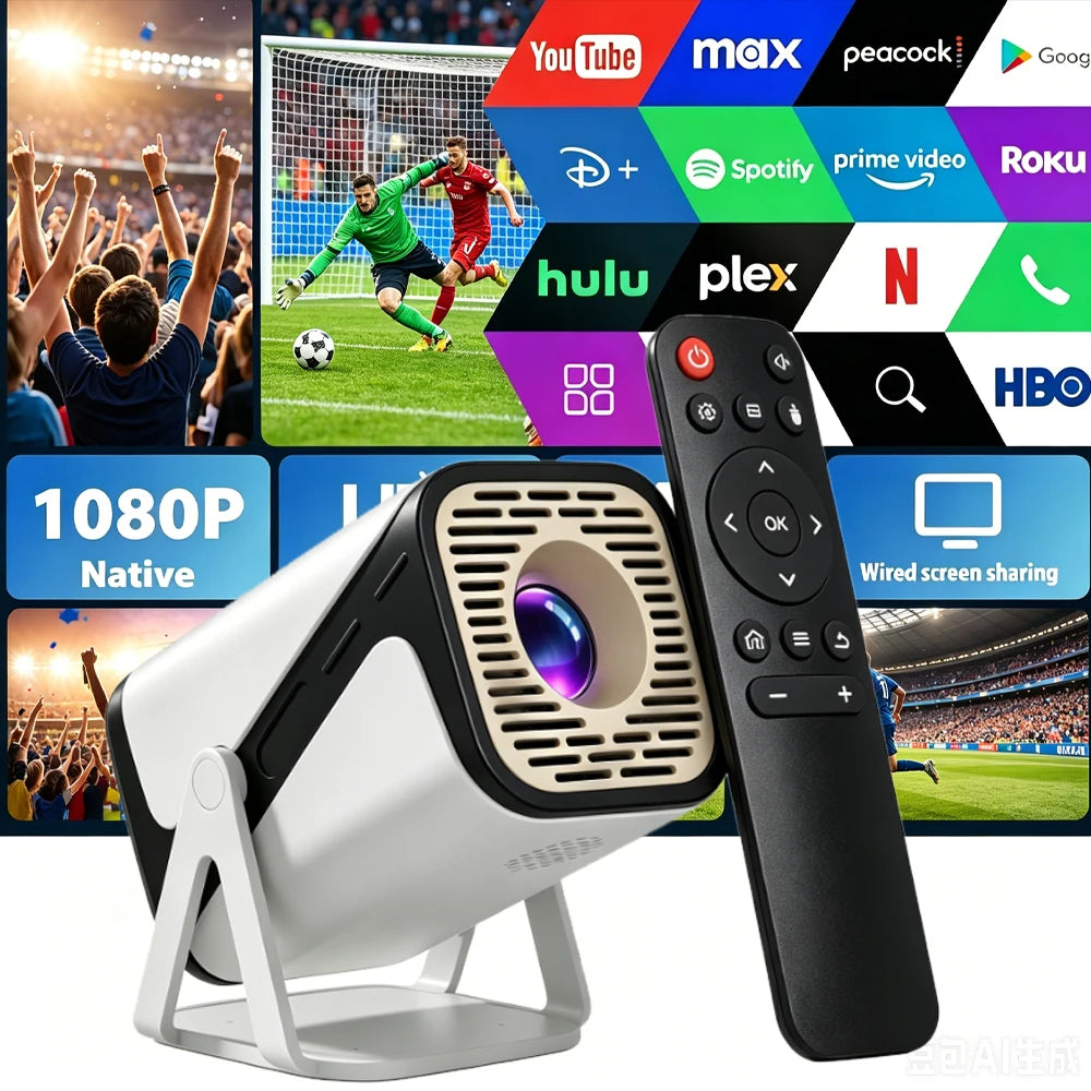 Mini Proyector Inteligente con Wi-Fi y Bluetooth Integrados, Compatible con Reproducción 4K 1080P Ultra HD, para Fiestas en Casa y Exteriores, Portátil