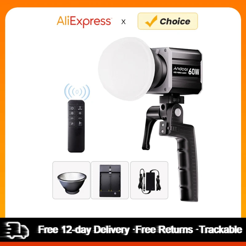 Andoer - Luz de Fotografía COB de 60 W, Luz de Video LED Tricolor de 2800 K-6800 K para Transmisión en Vivo, Estudio en Casa, Fotografía Comercial, Nueva