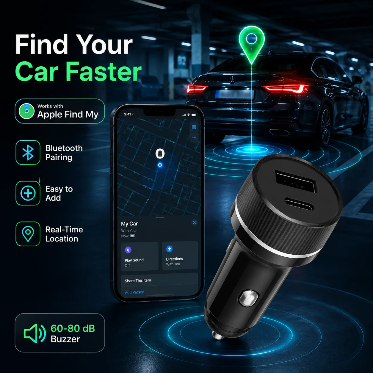 Localizador GPS Mini para Coche, Cargador USB Tipo-C, Apple Find My