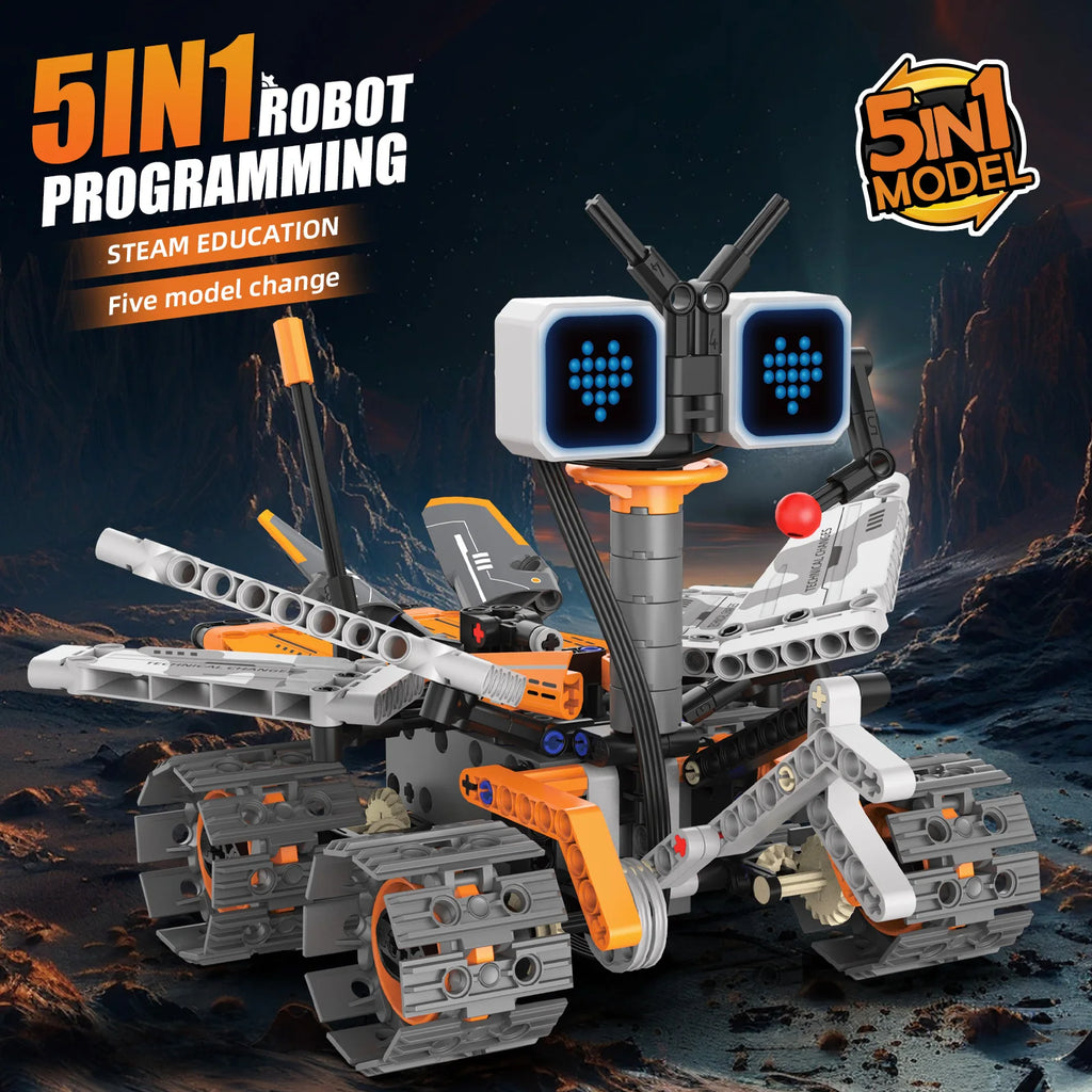 Kit de construcción de robot espacial 5 en 1 con pantalla LED, control remoto de programación Bluetooth: juguete STEM, el regalo de Navidad perfecto