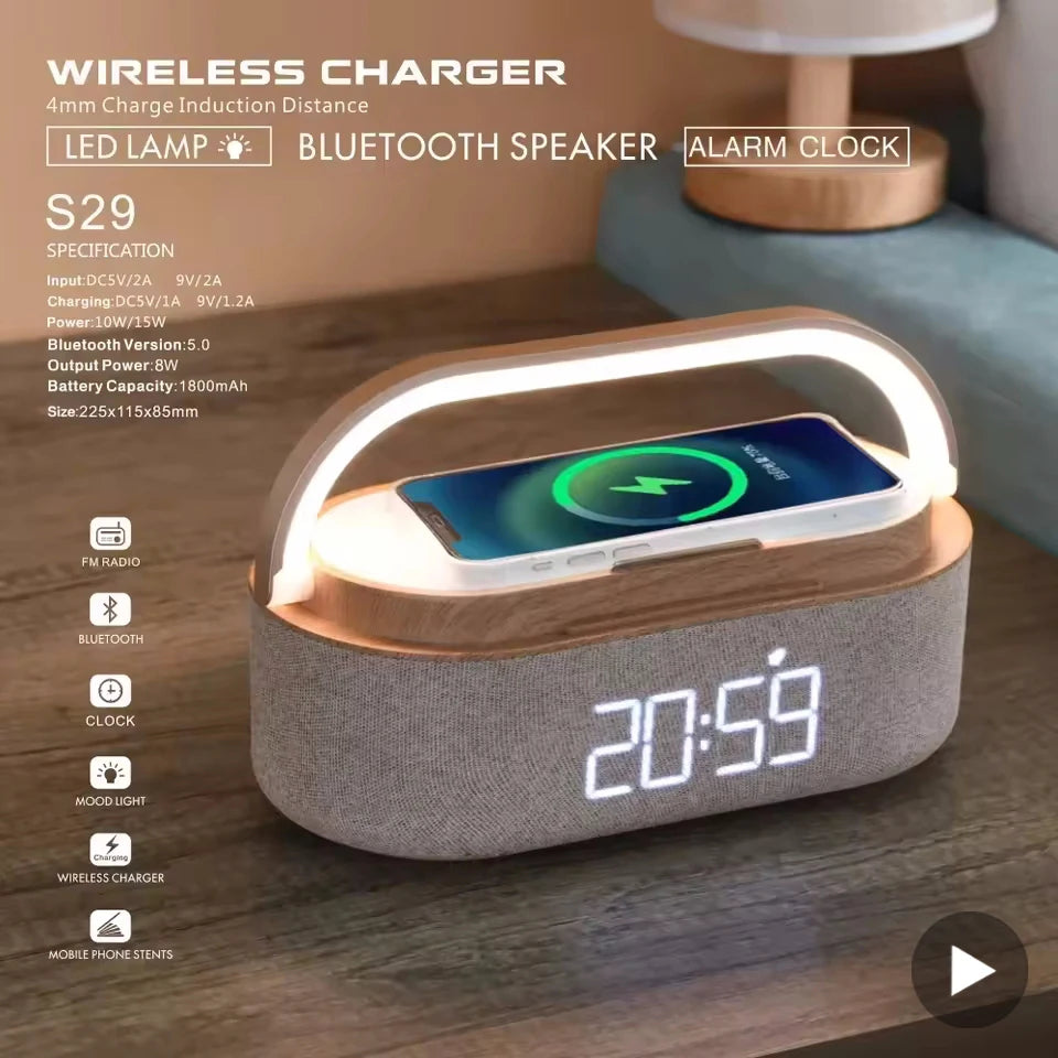 Altavoz Bluetooth portátil con carga inalámbrica, Radio FM, despertador, caja De sonido, música, cargador, lámpara, luz nocturna, Bocina