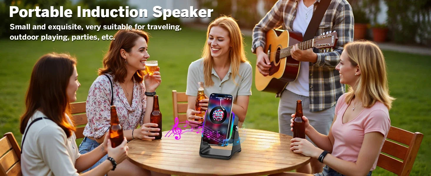 NUEVO Altavoz Inalámbrico de Inducción Automática 5 en 1 con 8 Modos de Luz RGB, Soporte para Teléfono, Sonido Envolvente, Soporte Portátil para Teléfono con Bluetooth