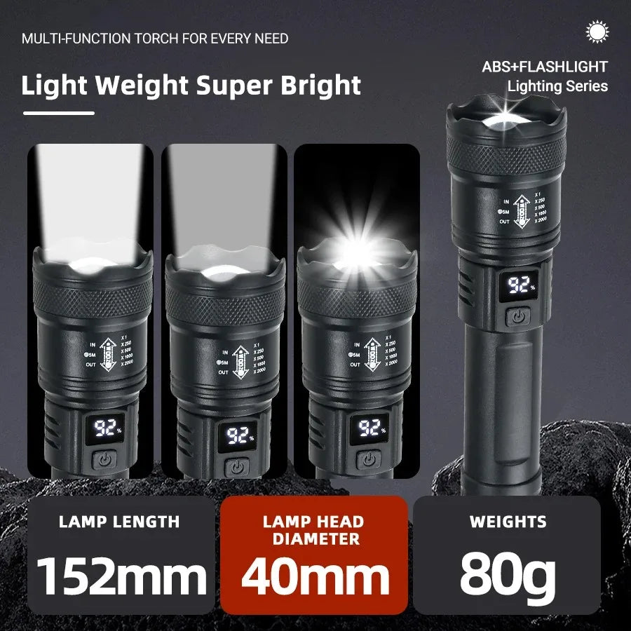 Linterna LED recargable, linterna con zoom de 10000LM, resistente al agua, 5 modos con pantalla LCD, carga para acampar, senderismo, emergencia