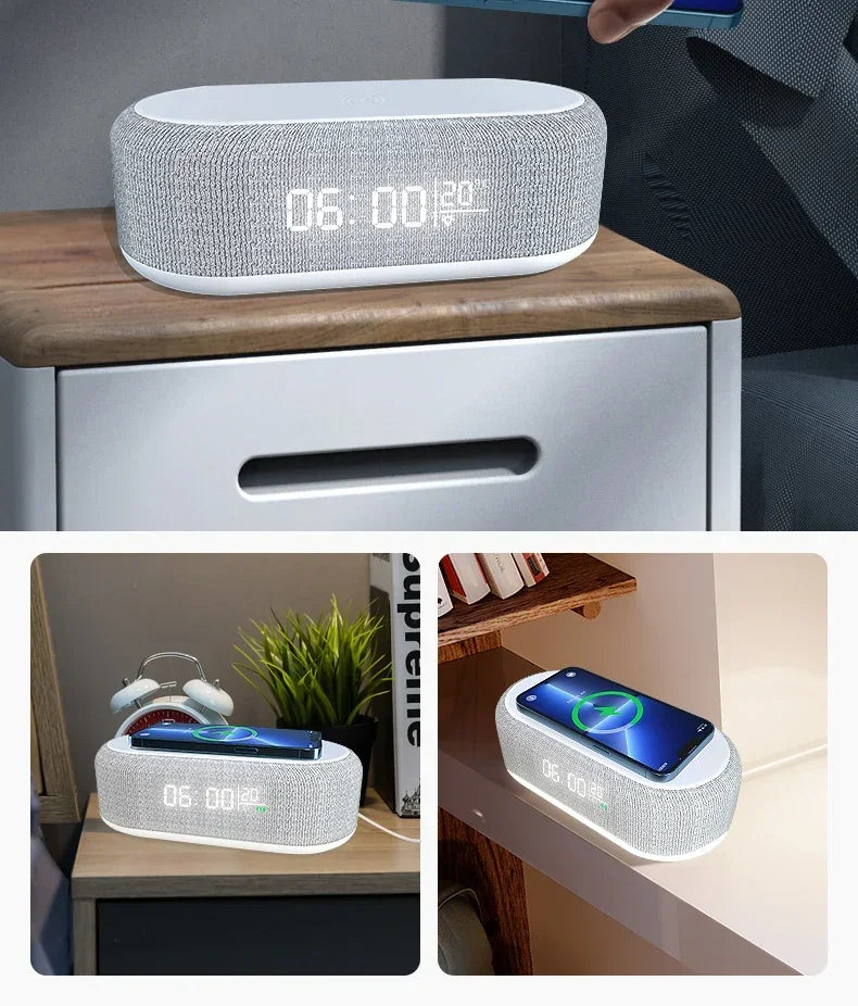Base de Carga Inalámbrica con Alarma, Lámpara de Noche, Reloj de Escritorio y Termómetro para iPhone 17, 16, 15, 14, 13, con Carga Rápida
