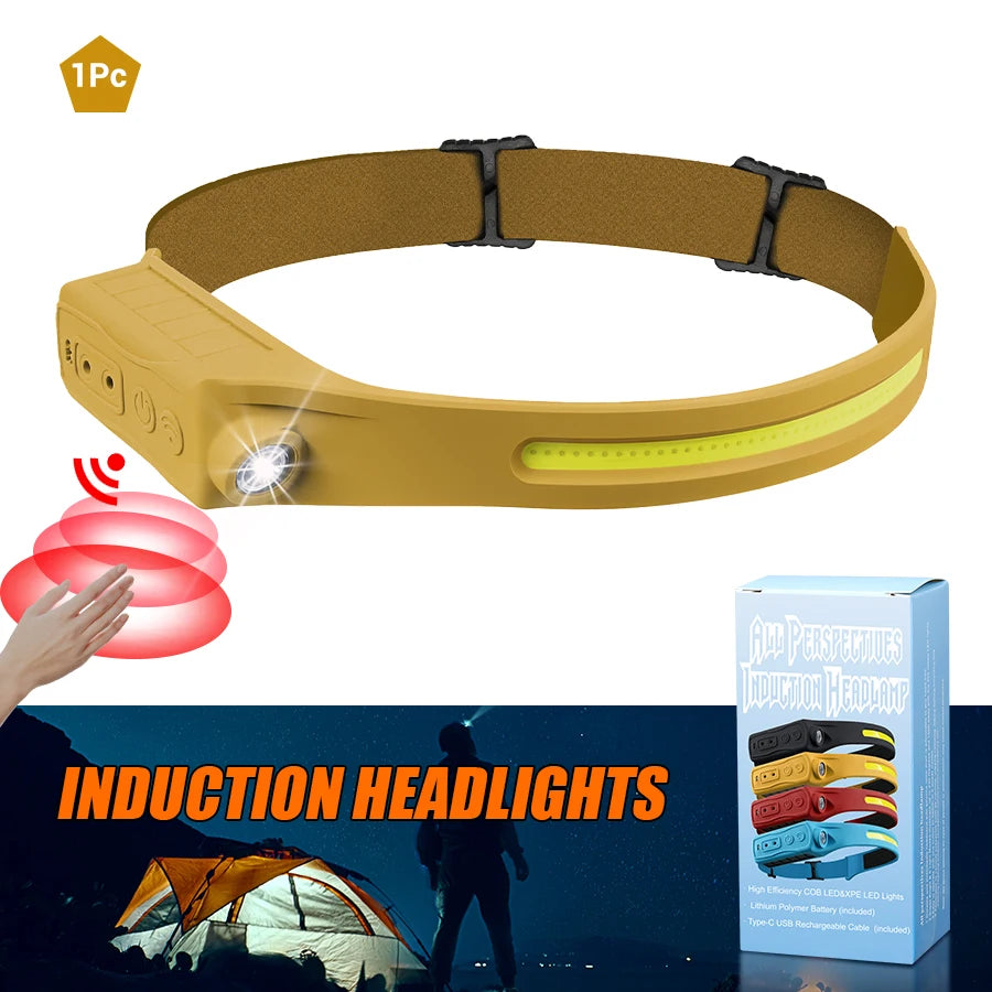 Linterna Frontal LED XPE+COB Recargable USB con Sensor Táctil