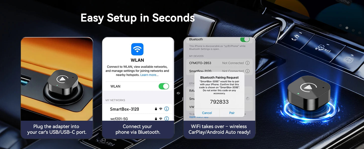 Adaptador CarPlay 2 en 1 (Tipo-C), adaptador inalámbrico CarPlay USB C / Android Auto USB C para convertir de cableado a inalámbrico, Plug & Play