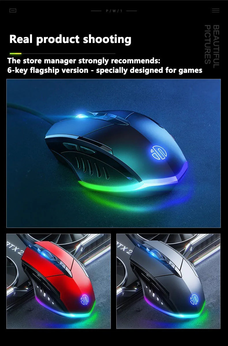 Ratón con cable Inphic W1, ratón para juegos Esports, ratón de oficina silencioso, tres teclas y seis teclas son opcionales