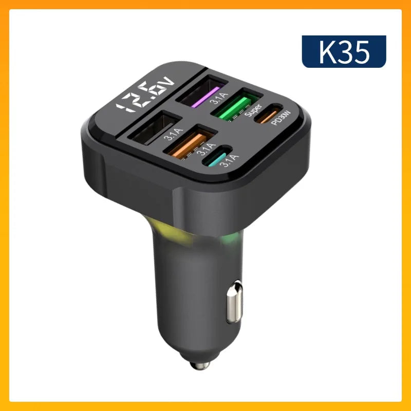 Cargador de Auto 6 Puertos USB con PD30W y QC3.0 Pantalla LED