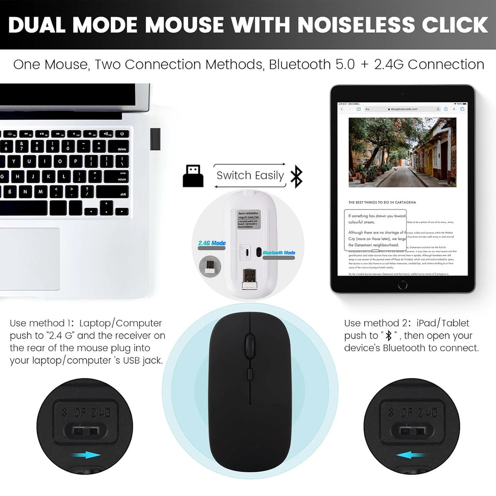 Ratón inalámbrico Bluetooth 2,4 GHz modos duales RGB recargable silencioso ratón inalámbrico delgado Compatible con PC iPad portátil PC ordenador