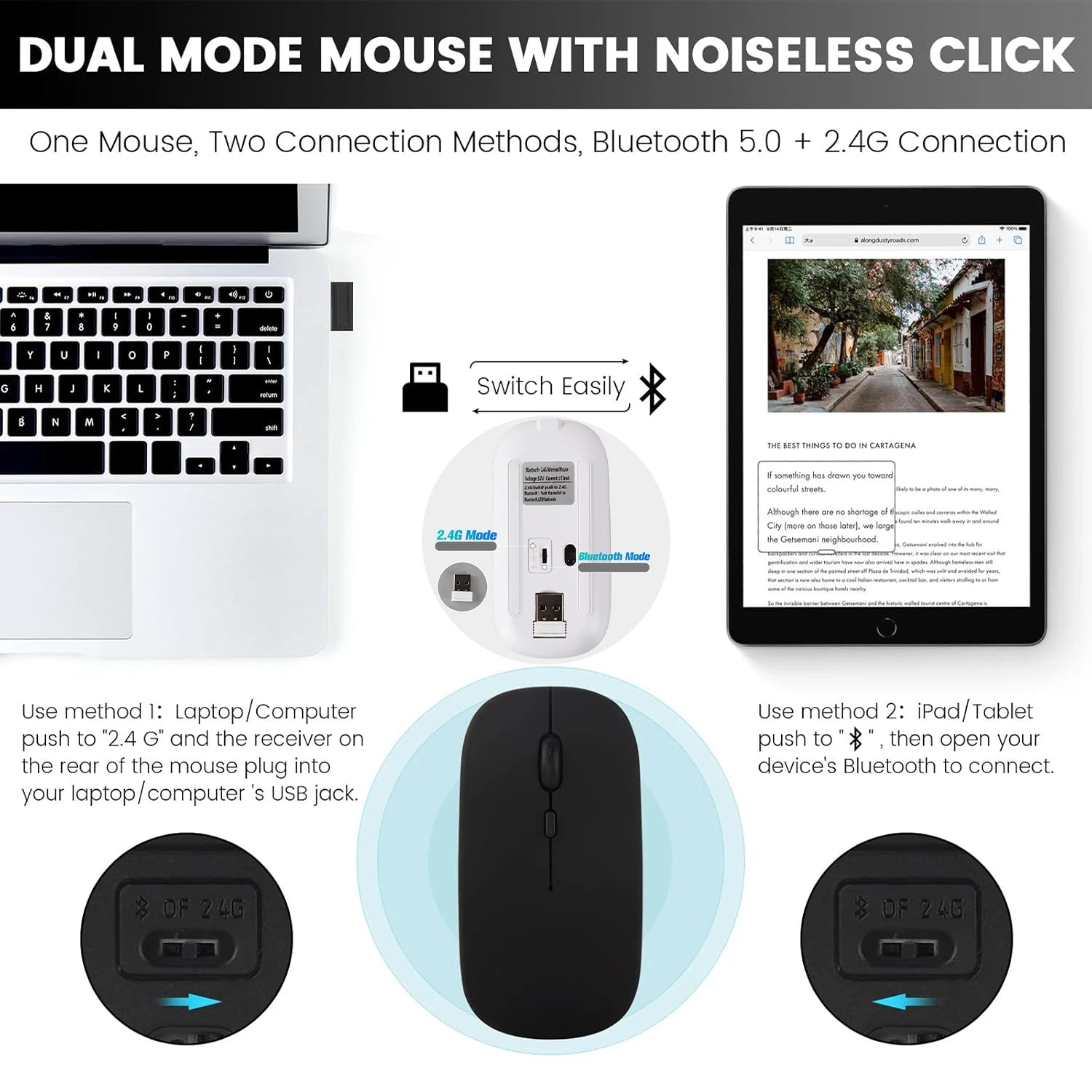 Ratón inalámbrico Bluetooth 2,4 GHz modos duales RGB recargable silencioso ratón inalámbrico delgado Compatible con PC iPad portátil PC ordenador