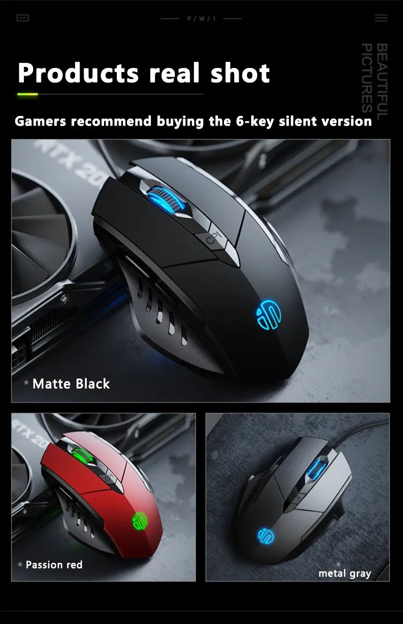 Ratón con cable Inphic W1, ratón para juegos Esports, ratón de oficina silencioso, tres teclas y seis teclas son opcionales