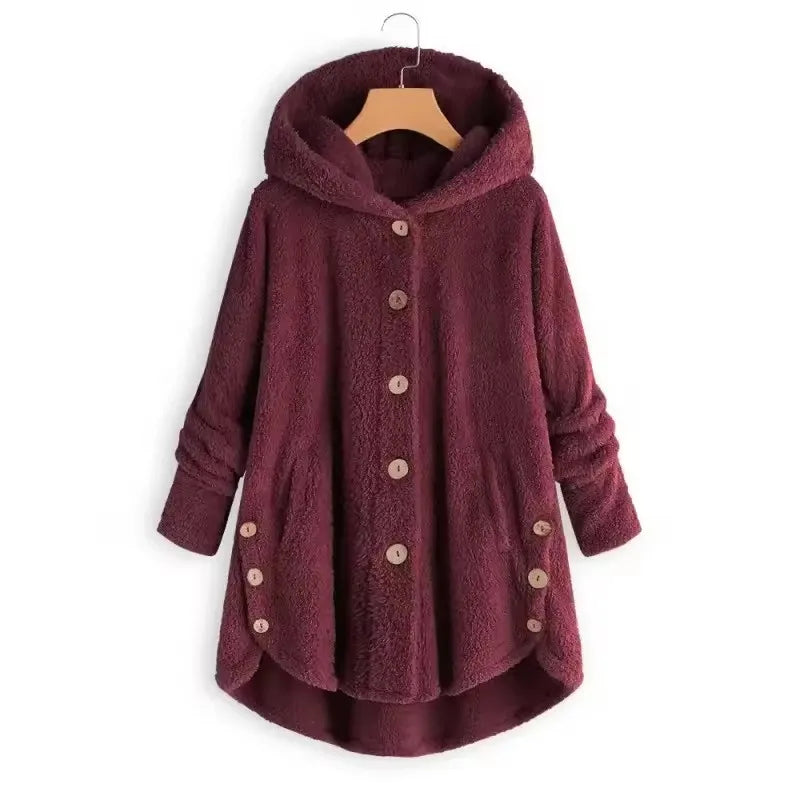 Abrigo de felpa con capucha para mujer, color sólido