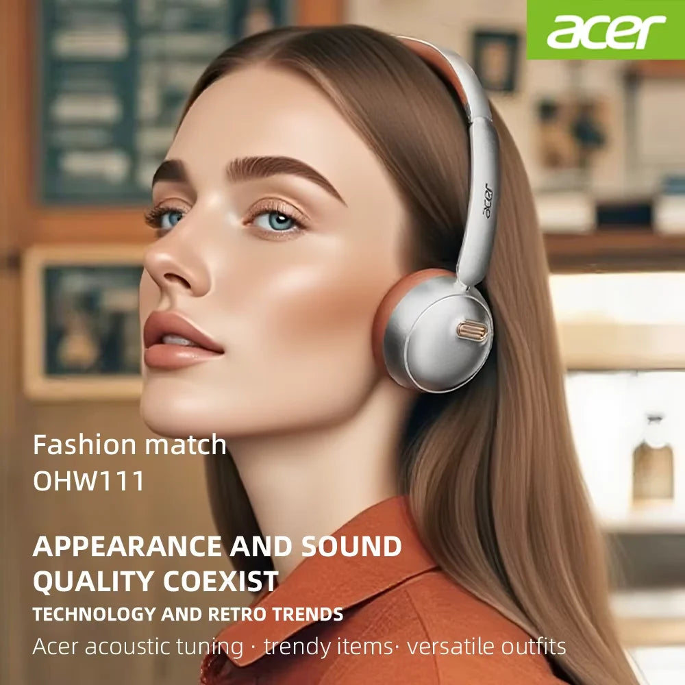 Auriculares Bluetooth Acer OHW111, Estilo Retro, Inalámbricos, Bluetooth 5.4, HIFI Estéreo, para Gamers, 70 Horas de Reproducción