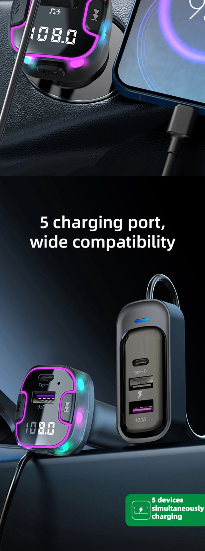Transmisor FM Bluetooth 5.3 para Auto con Carga Dual USB y Manos Libres