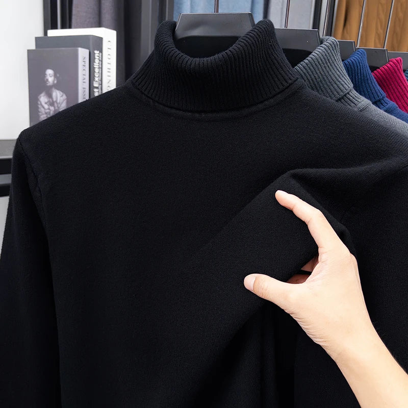 Otoño para hombre de alta calidad de punto suéter de cuello alto ajustado de manga larga anti-pilling jersey Color sólido tendencia hombres Streetwea