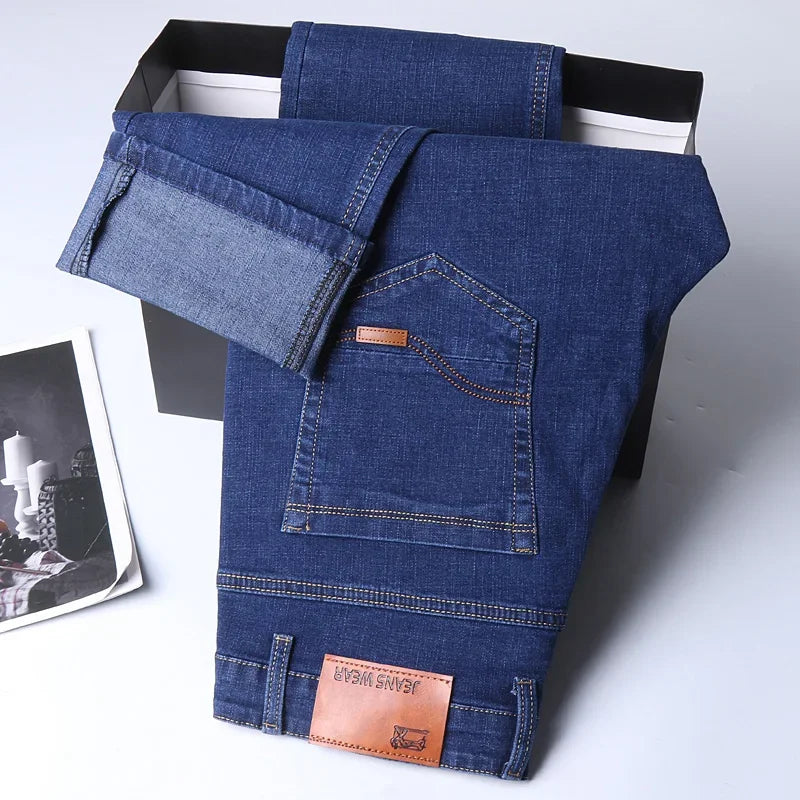 Pantalones Vaqueros de Negocios para Hombre, Ajustados Elásticos, Negro y Azul