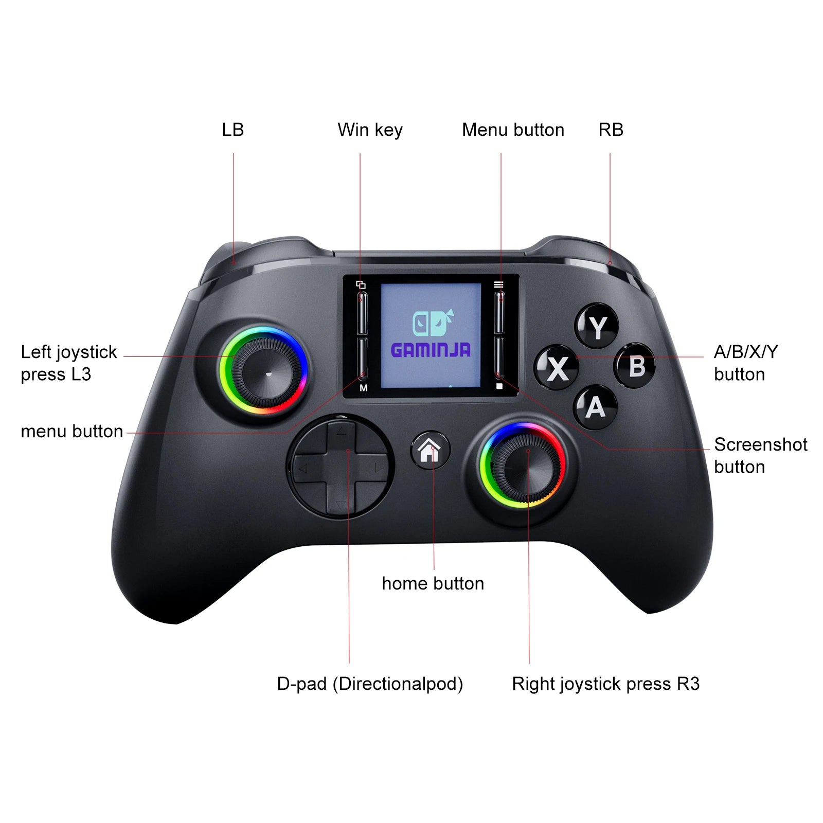 GAMINJA 6162 controlador inalámbrico de pantalla inteligente de 1,44 pulgadas para Switch P4 iOS Android PC TV doble Hall Joystick calibración luz RGB