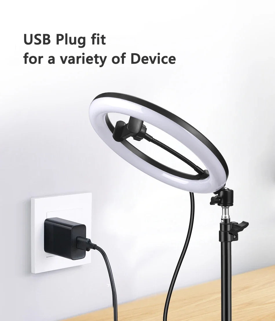 Luz de Video de 26CM, Anillo de Luz LED Regulable para Selfies, Lámpara de Anillo USB con Soporte de Trípode Opcional para Grabación de Video y Maquillaje