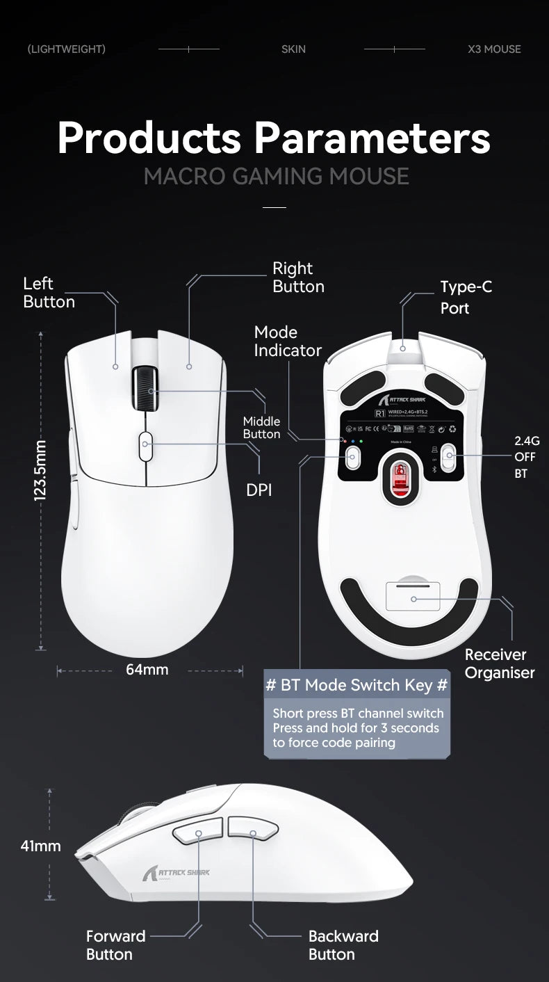 Ratón inalámbrico para juegos Attack Shark R1/X11, 18K DPI PAW3311, ergonómico, ligero, triodo Bluetooth 2,4 GHz USB, para PC/portátil