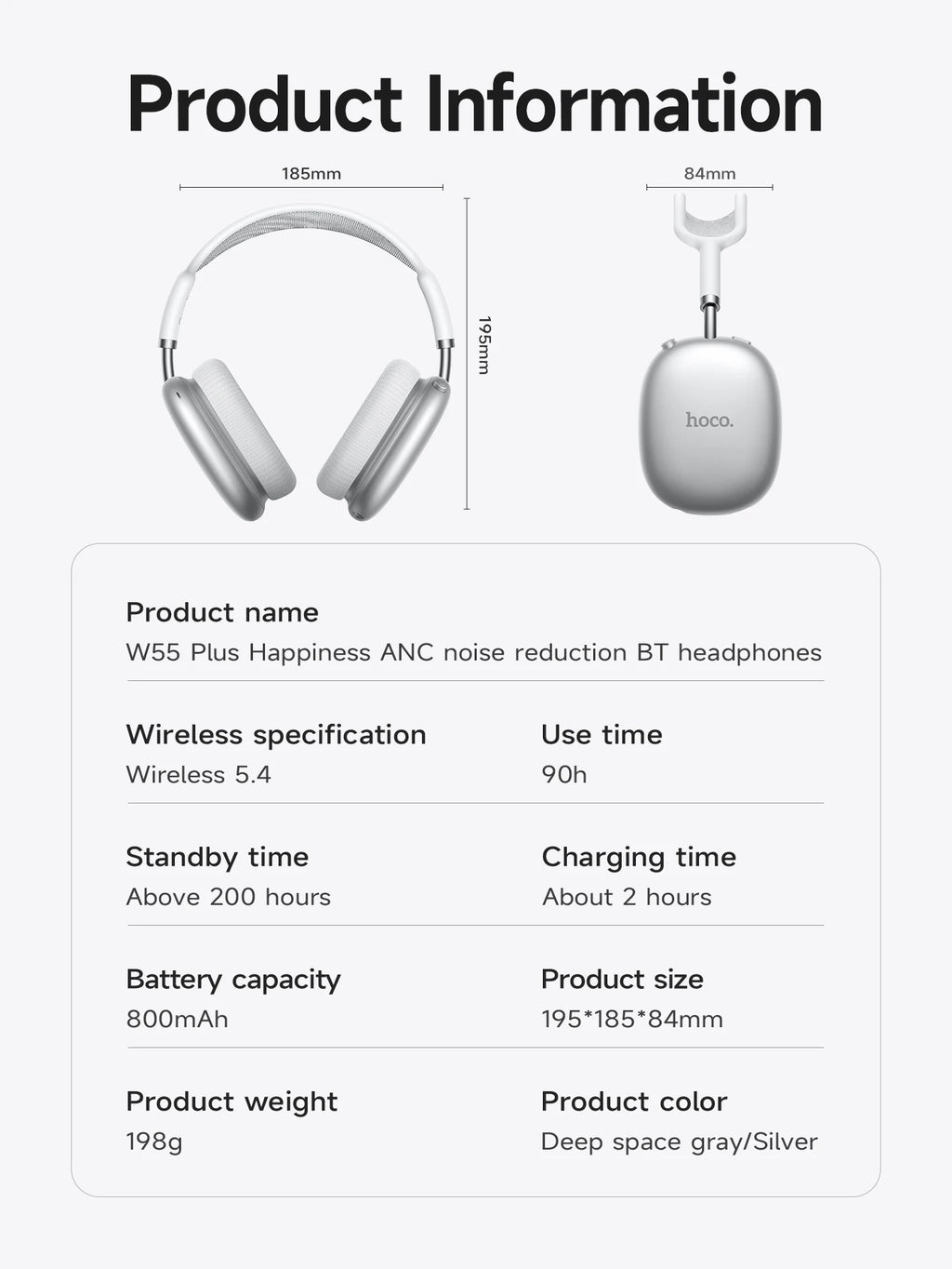 Auriculares HOCO W55 Plus con cancelación de ruido ANC, Bluetooth 5.4, inalámbricos, deportivos, supraaurales, para teléfonos inteligentes, modo AUX.