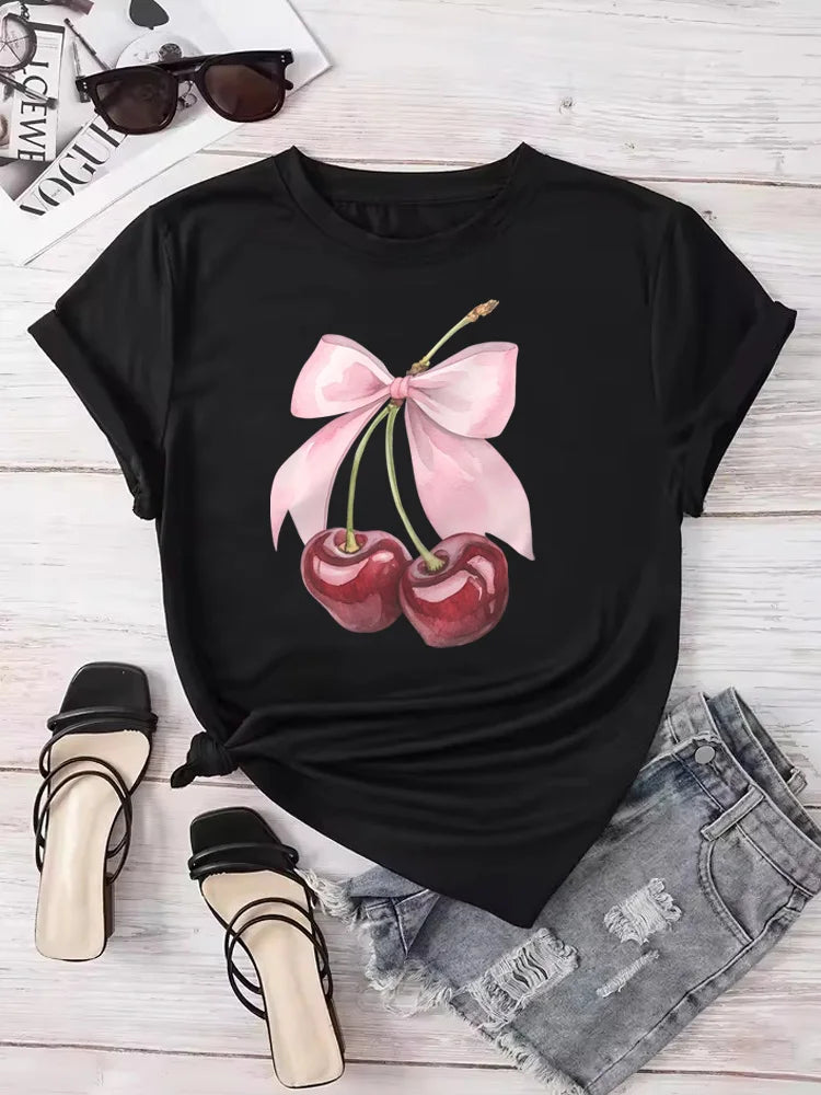 Camiseta con Estampado de Cereza para Mujer, Manga Corta
