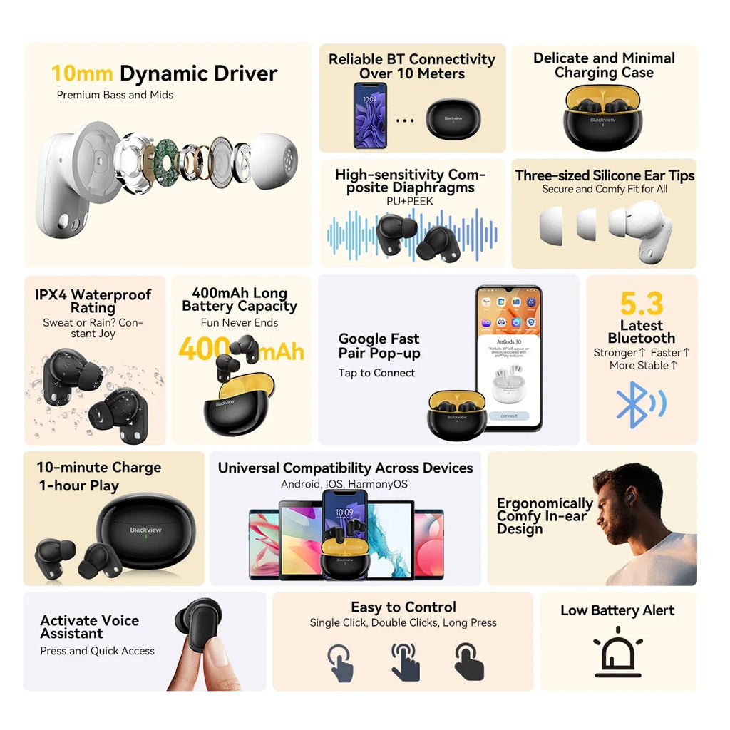 Blackview AirBuds 30 Auriculares TWS Bluetooth 5.3 ANC