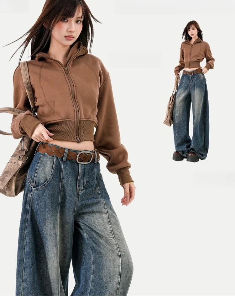 Pantalones Vaqueros Holgados Retro para Mujer, Corte Recto con Forro de Felpa