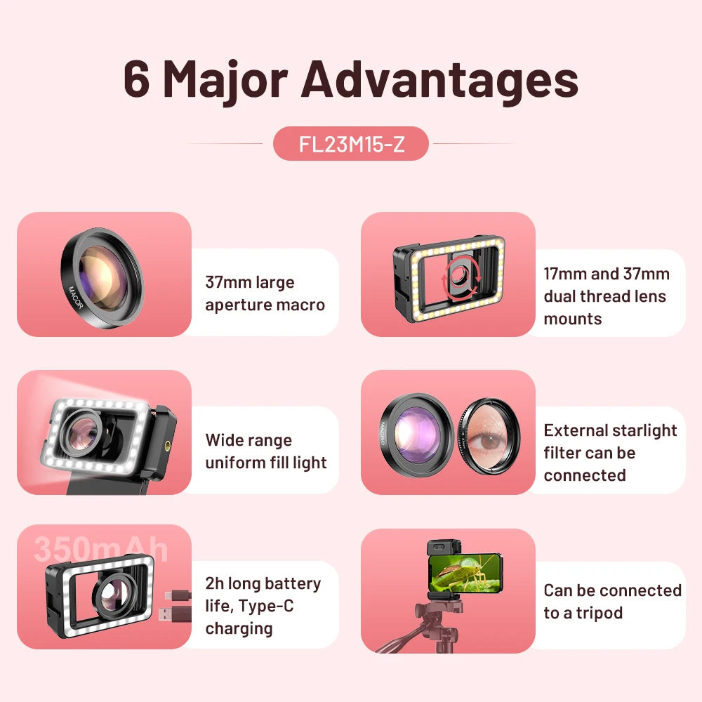 Lente Macro 15X APEXEL con Luz LED para iPhone y Samsung