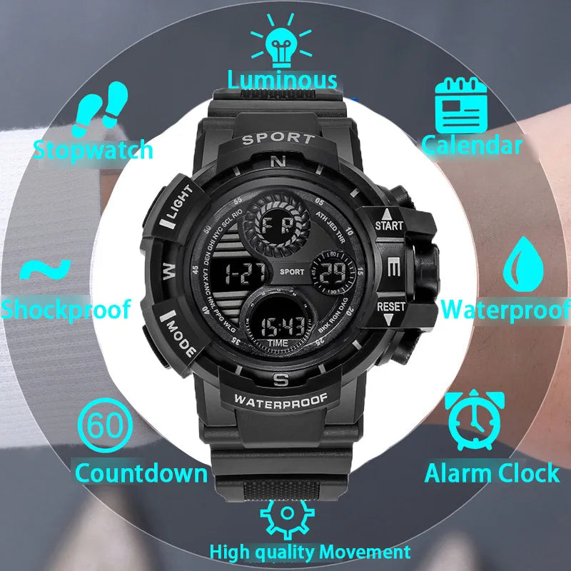 Reloj Digital negro YIKAZE para hombres, relojes deportivos, cronógrafo impermeable para exteriores, reloj de mano G, reloj de pulsera para estudiantes de choque de infantería