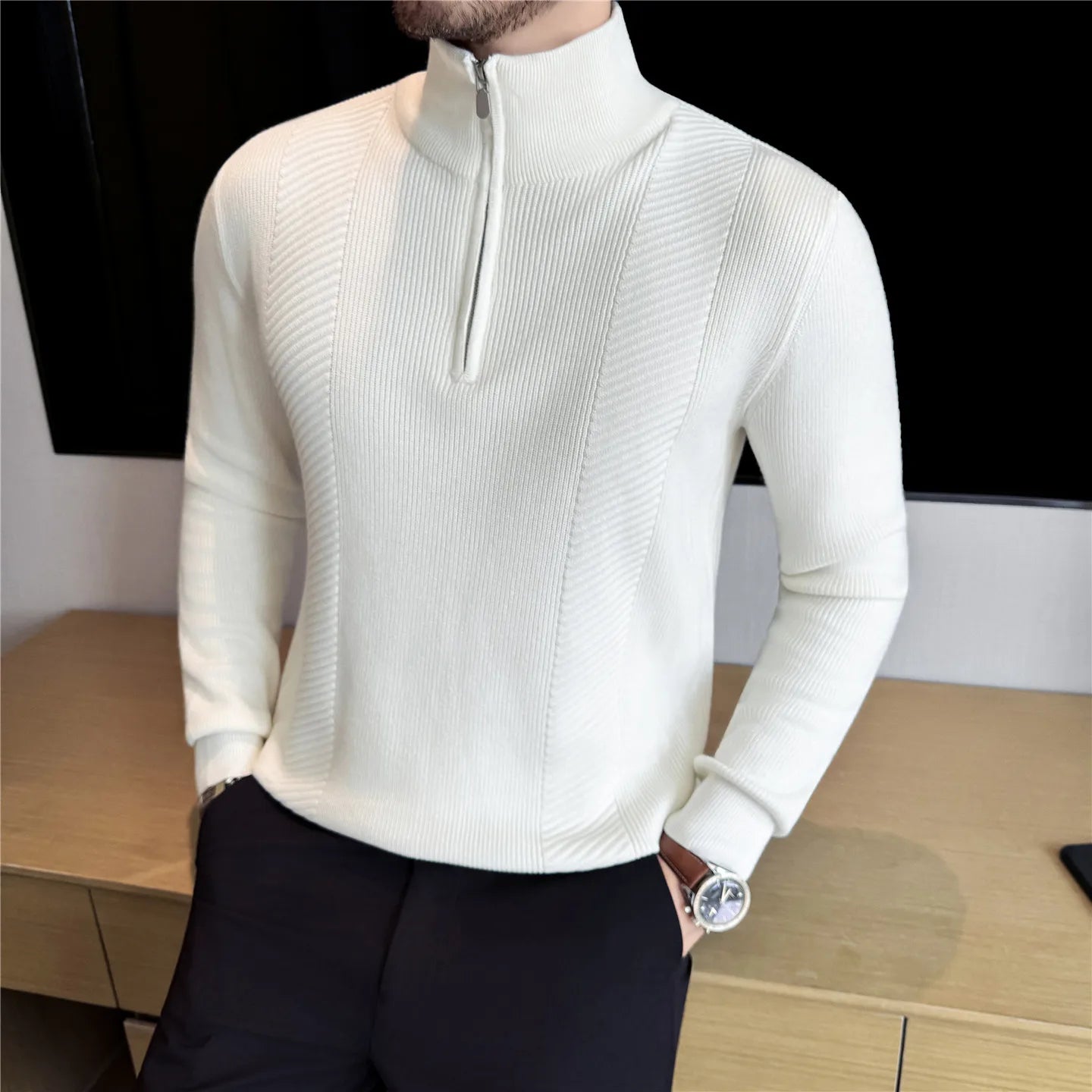 Suéter de Punto con Media Cremallera para Hombre - Cuello Semialto