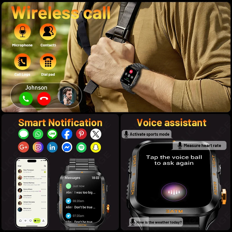 LIGE Reloj Inteligente Militar 880mAh Linterna