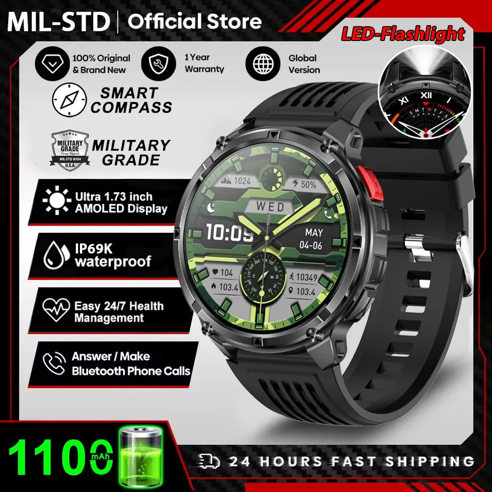 Reloj Inteligente AMOLED 1100mAh con Linterna LED, IP69 y Llamadas Bluetooth